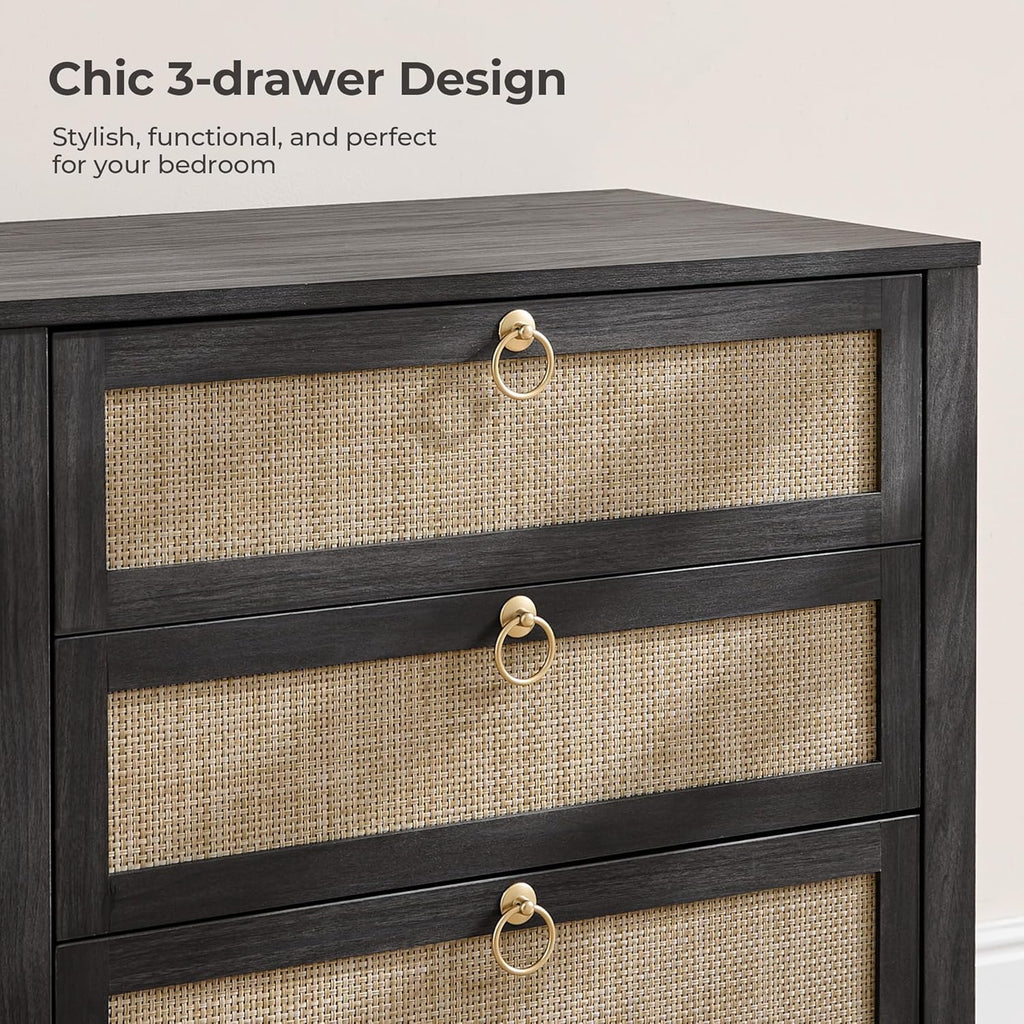 SICOTAS Rattan Nightstand Set of 2 with Drawers, Boho Large Bedside Tables | Wide Night Stand Set of 2 with 3 Drawers, Bedside Tables for Bedroom, Guest Room, Apartment, and Dorm Room, Bedroom Storage