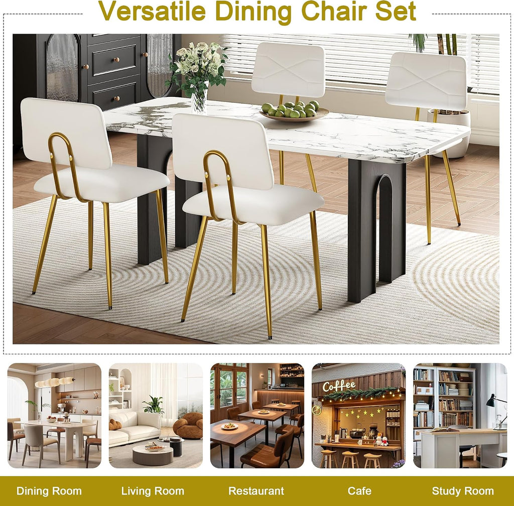 VECELO Dining Chairs Set of 4, Modern Upholstered Kitchen Chairs with Faux Leather Cushion Seat & Metal Legs for Kitchen, Living Room, Tufted Backrest Design, White