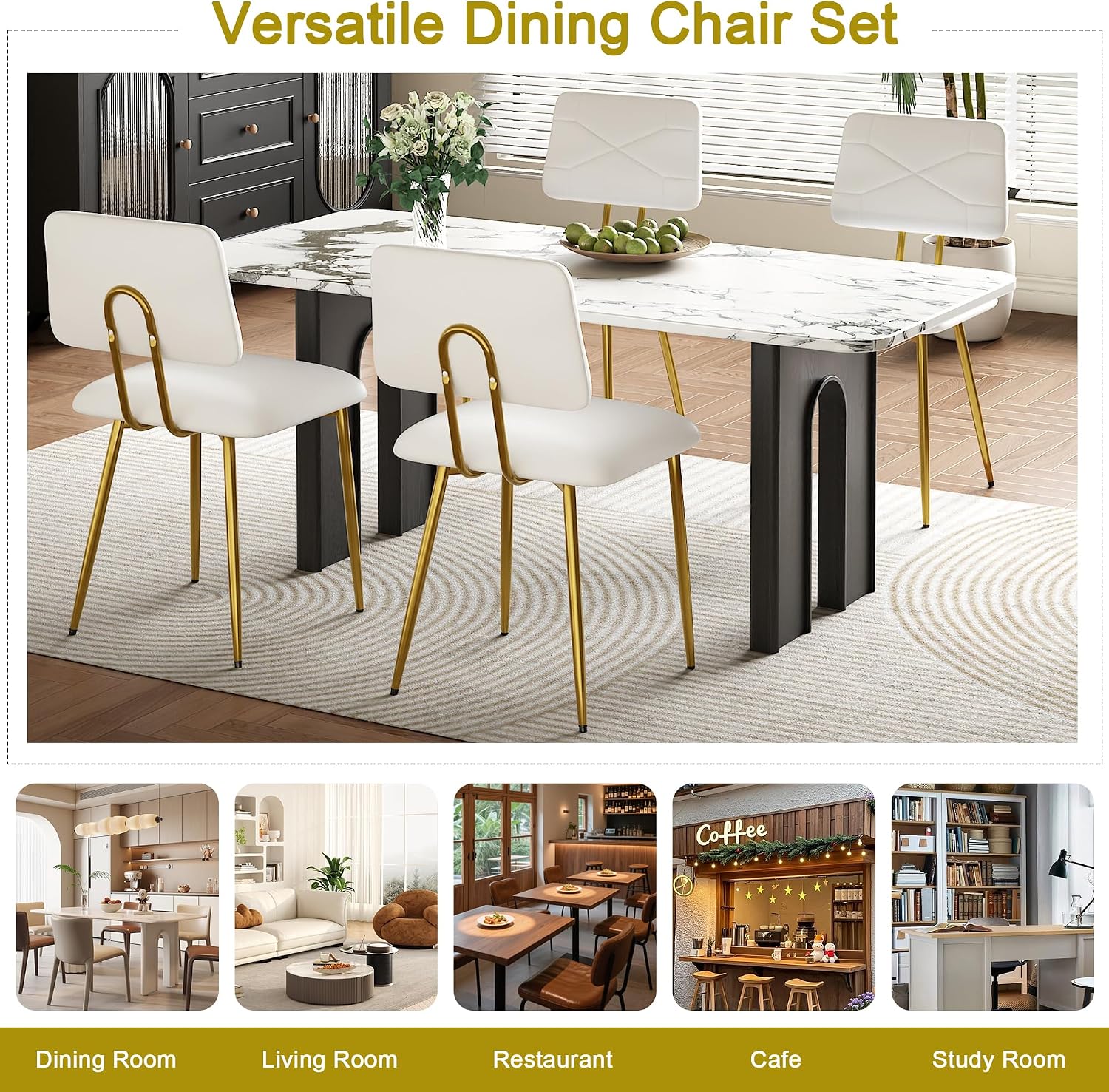 VECELO Dining Chairs Set of 4, Modern Upholstered Kitchen Chairs with Faux Leather Cushion Seat & Metal Legs for Kitchen, Living Room, Tufted Backrest Design, White