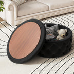 FiveWillowise 30 Inch Round Ottoman with Storage Tray,Large Coffee Table | Circle Modern Button Footstool with Removable Lid,Cozy Foot Stools for Living Room, Bedroom,Makeup Room,Black