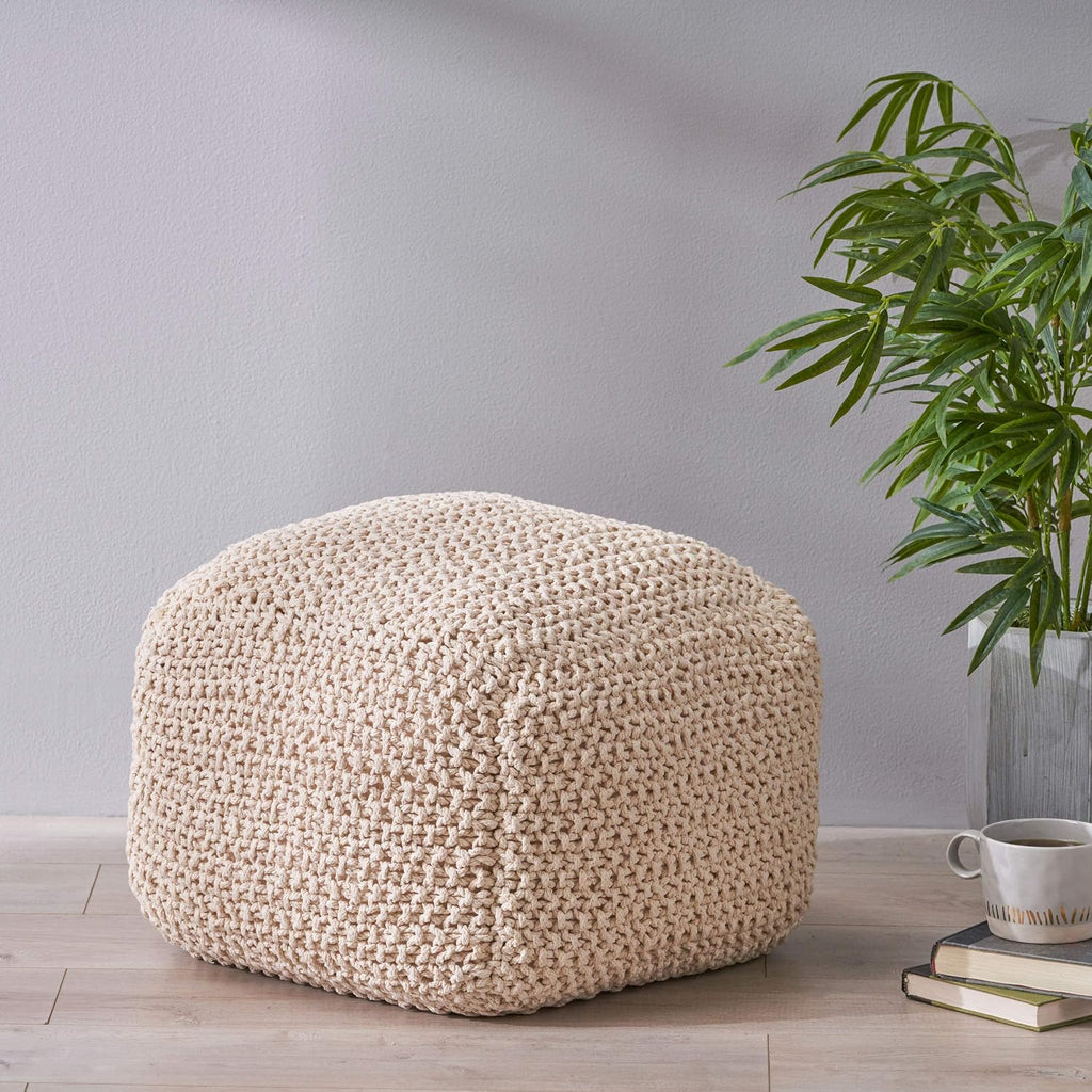 Christopher Knight Home Knox Knitted Cotton Pouf, Beige