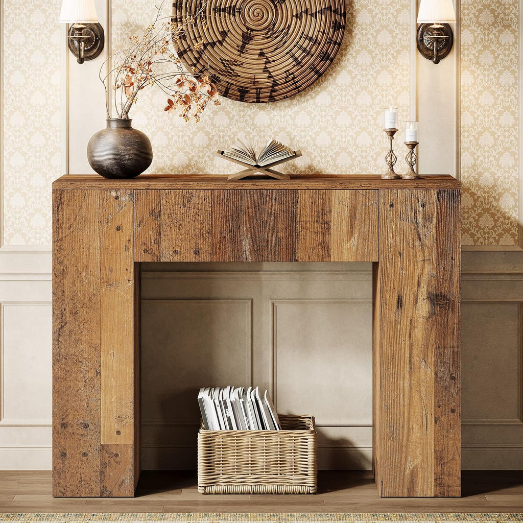 Tribesigns 39'' Farmhouse Console Table, Narrow Sofa Entryway Table with Drawer, Small Wooden Entrance Table for Living Room, Hallway, Foyer, Distressed Brown