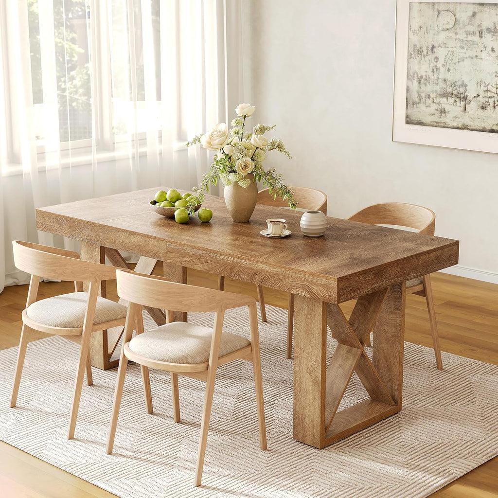 LITTLE TREE 63-Inch Dining Table for 4 People, Farmhouse Thick Appearance Design, Rustic Rectangle Kitchen Dinner Table for Dining Room, Living Room, Yellowish Brown