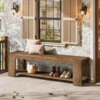 Solid Wood Entryway Bench with Storage Shelf, 55.12-Inch 2-Tier Wood Shoe Bench Seating for Entrance, Hallway, Dining Room, Living Room, Mudroom, Bedroom, Rustic Brown