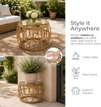 Furniture of America Ysar Boho Rattan Round Coffee Table Outdoor with 5mm Tempered Glass Top, All-Weather and Rust Resistant Patio Furniture