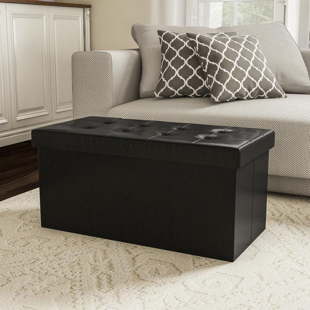 Lavish Home Storage Ottoman - 30-Inch Folding Faux Leather Footrest, Linen Chest, or Bench with Removable Bin for Living Room or Bedroom (Black)