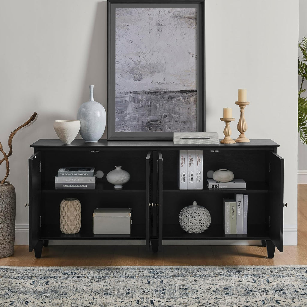 KEIKI 65.2" Mid Century Modern Sideboard Buffet Cabinet with Storage, Walnut Credenza Console Table with Adjustable Shelf, Farmhouse Coffee Bar Wine Cabinet for Living Room, Entryway, Kitchen, Black