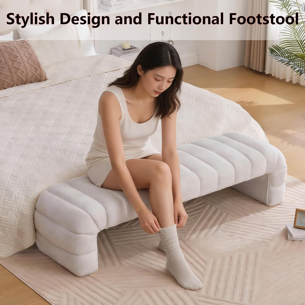 Arched Ottoman Bench for Bedroom Living Room,69.7" Chenille Long Benches for Bed End King Size,Modern Channel Tufted Seating Bench for Entryway,Window,Bedside (Ivory, 69.7")