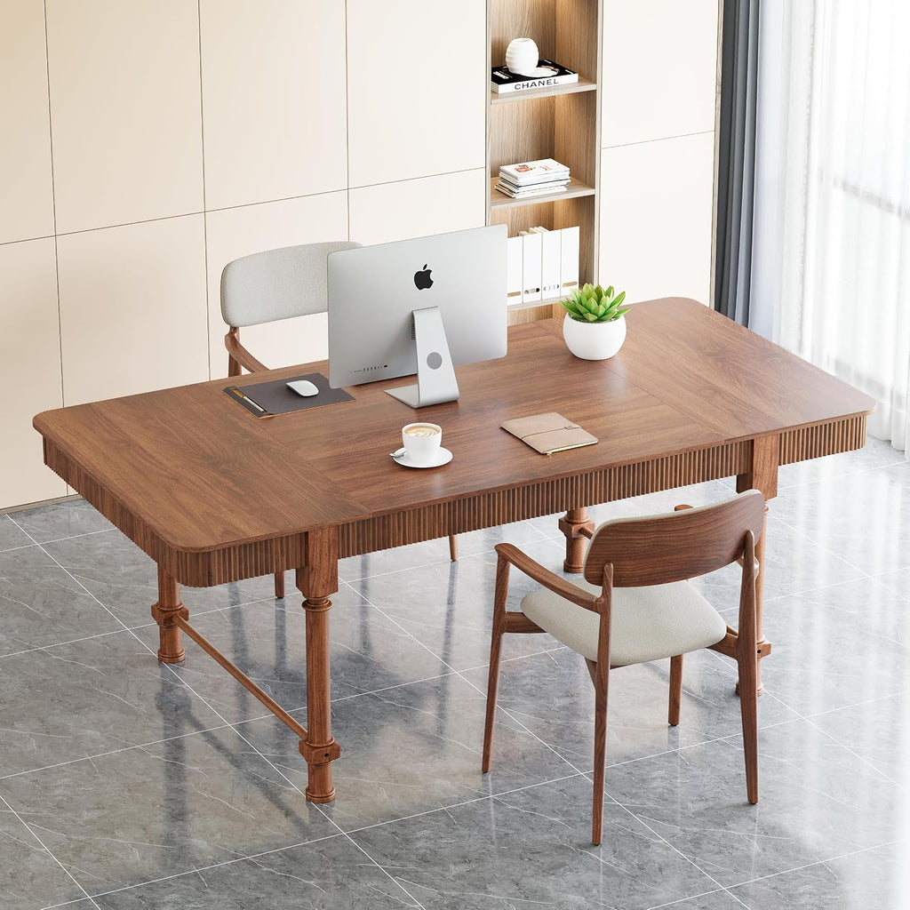 Fluted Dining Table for 6 to 10 People, 79'' Long Rustic Dinner Table with Drawers, Farmhouse Rectangular Wooden Tables for Kitchen, Dining Room, Living Room (Walnut)
