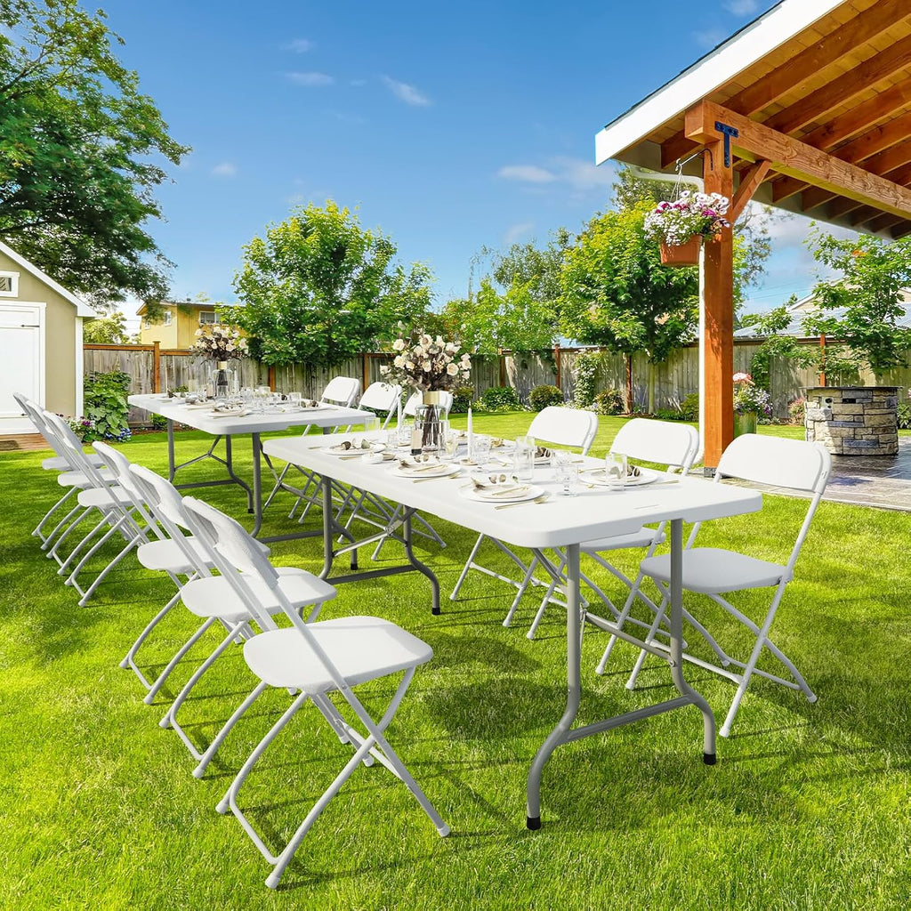 Bonnlo 2P Folding Table 6ft, Portable Collapsible Plastic White Long Tables for Party, Camping, Banquet, Craft, Dining, Wedding, Outdoor and Indoor Use