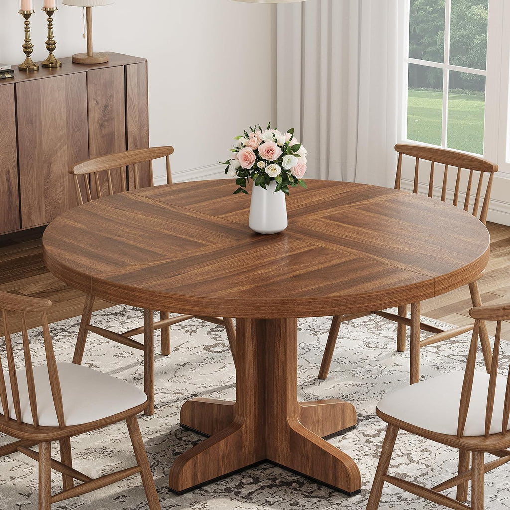 Garvee 47 Inch Round Dining Table for 4, Farmhouse Kitchen Dining Room Circle Dinner Table, Kitchen Dining Room Furniture, Walnut (Table Only)