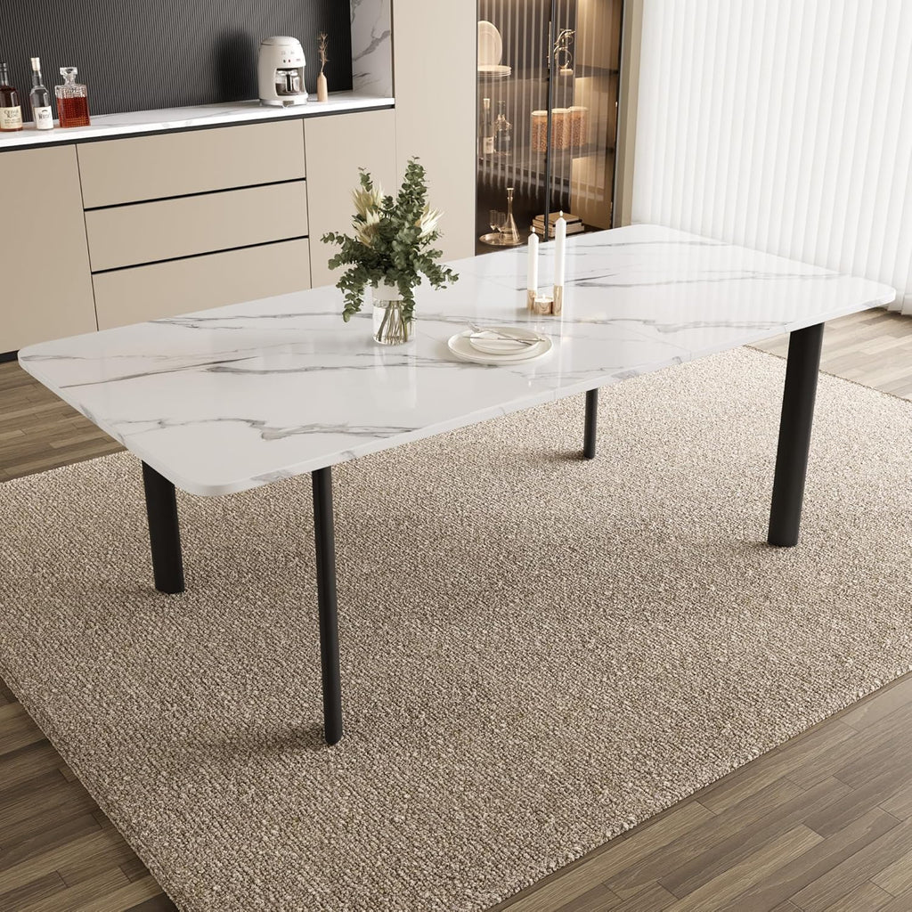 HIPIHOM Extendable Dining Table for 6-8 People, 63 to 78.7 Inch Rectangular Table, White MDF with Sturdy Metal Legs, Space-Saving for Dining Room, Kitchen, Small Spaces