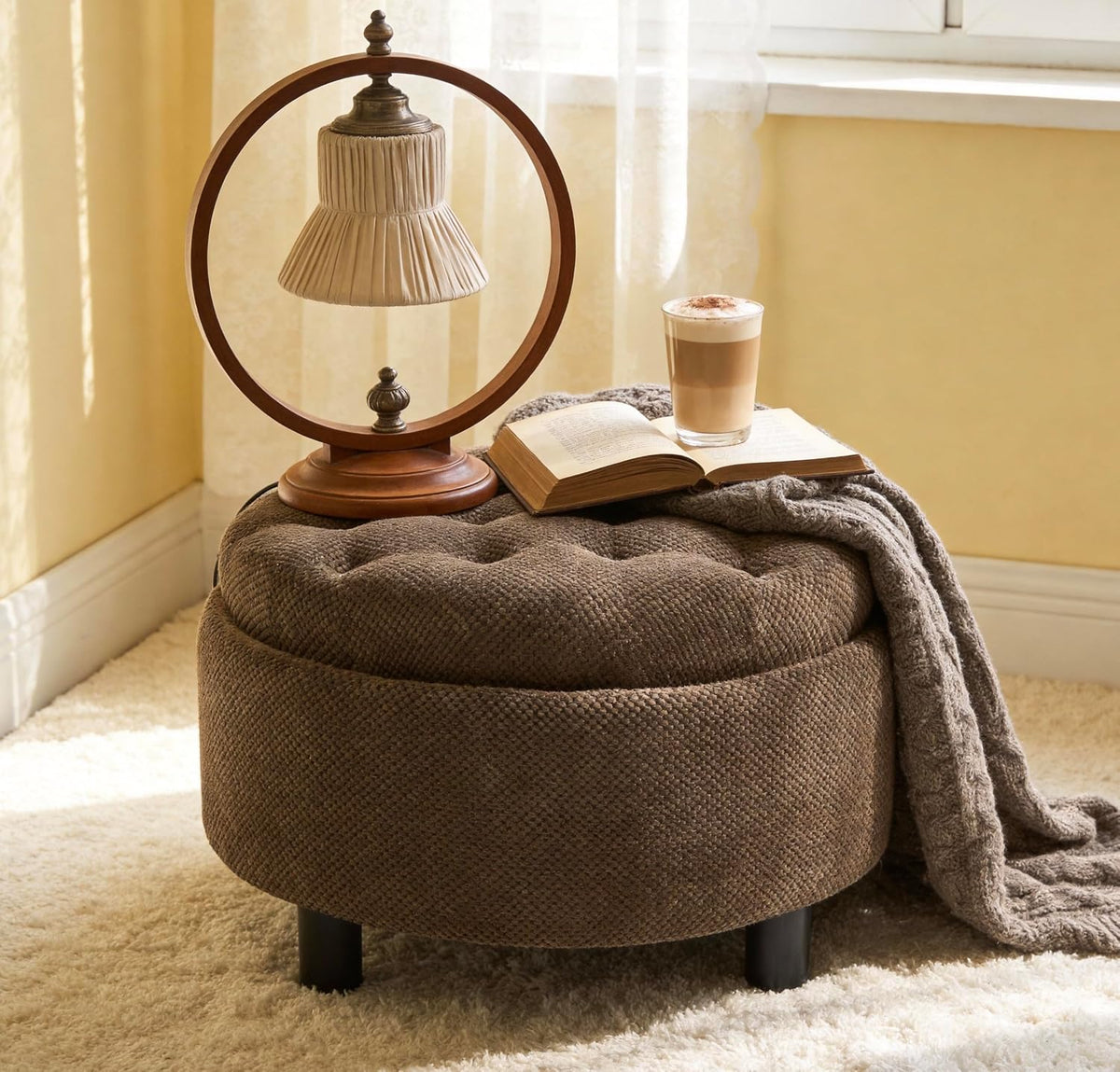 25'' Round Storage Ottoman with Reversible Tray Lid, Tufted Footrest Stool with Hidden Storage, Couch Side Table for Low Tea (Coffee)