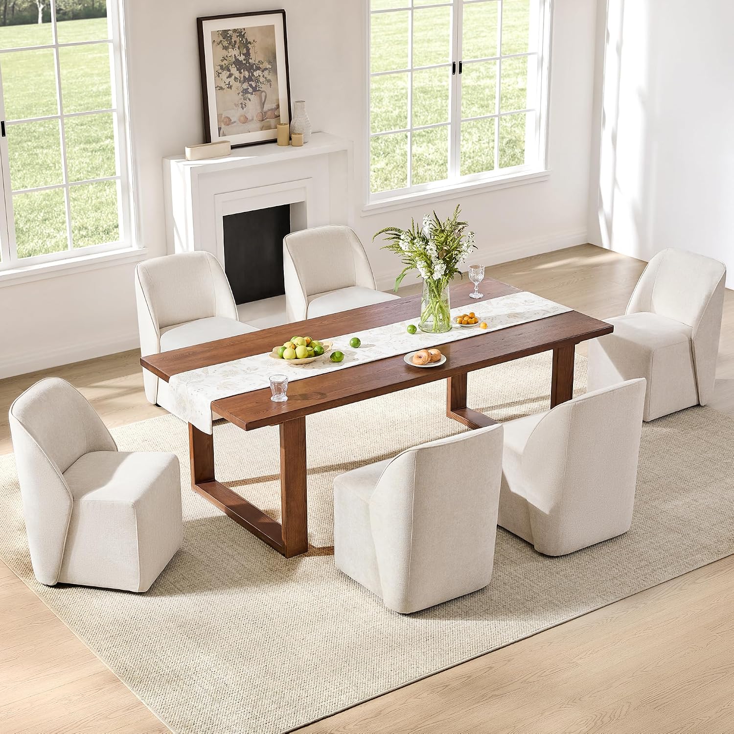 Watson & Whitely Upholstered Dining Chairs with Casters Set of 2, Armless Modern Rolling Dining Chairs with Removable Rollers, Fabric Dining Room Chairs for Bedroom, Living Room, Reading, Linen