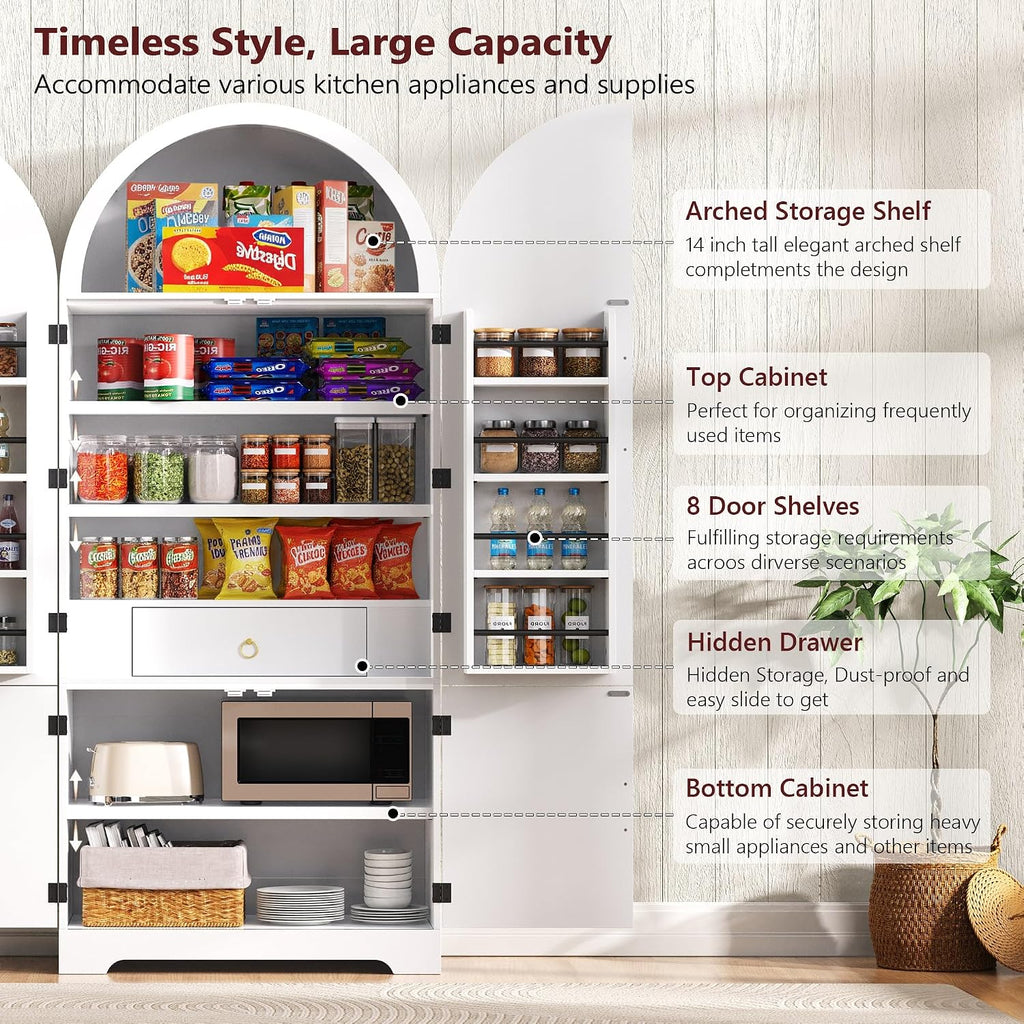 Arched Kitchen Storage | Adjustable Shelves，White-C | 8 door shelves hidden compartment anti-tip design easy assembly versatile spaces