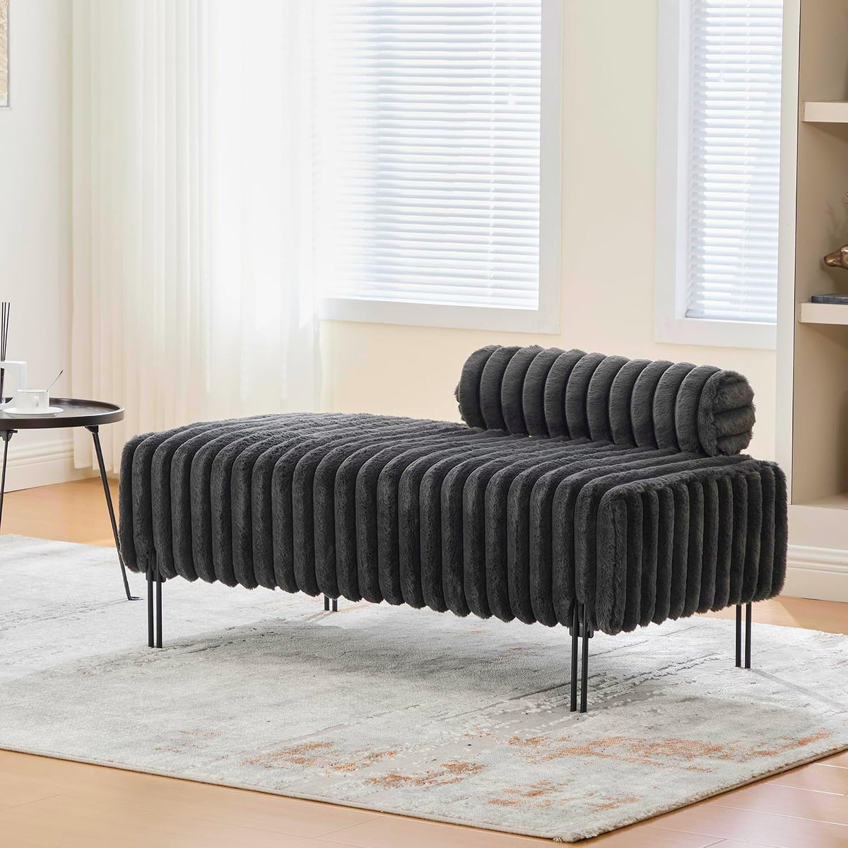 Aoowow Faux Fur Bedroom Ottoman Bench 49.6" Long Ottoman Benches for Living Room Bed End Rectangular Window Entryway Bench Footrest with Golden Metal Legs (Without Storage, Charcoal Grey)