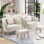 Andeworld Velvet Accent Chair with Ottoman, Barrel Armchair, Beige | Velvet Upholstery Side Chair, Includes Ottoman, Golden Metal Legs, 350 Lb Capacity, Living Room Bedroom Office