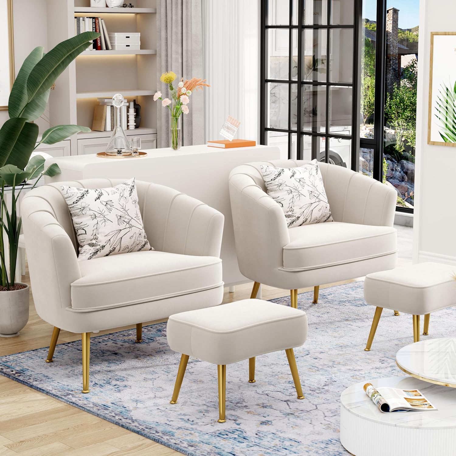 Andeworld Velvet Accent Chair with Ottoman, Barrel Armchair, Beige | Velvet Upholstery Side Chair, Includes Ottoman, Golden Metal Legs, 350 Lb Capacity, Living Room Bedroom Office