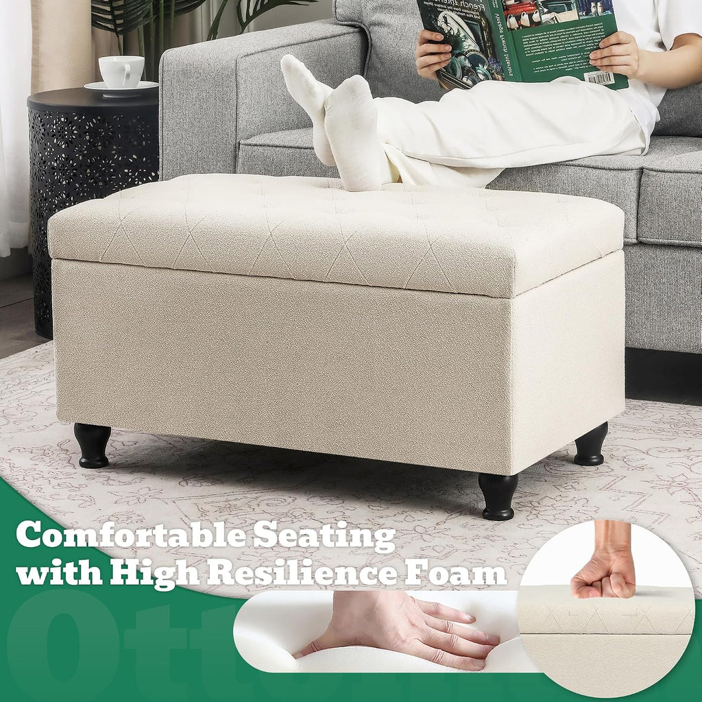 32'' Beige Fabric Upholstered Ottoman Storage Bench | Upholstered Ottoman with Storage for Living Room , Bedroom, Entrance Foot Rest Stool Shoe Bench Ottomans Footstools Couch