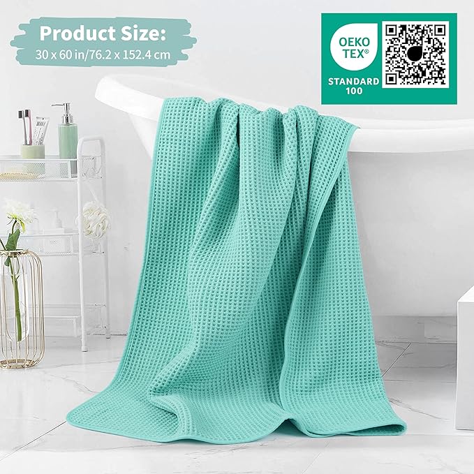 New Microfiber Waffle Bath Towels, 2 Pieces, Oversized, Soft, Absorbent, Fast Drying, Lint Free (Turquoise)