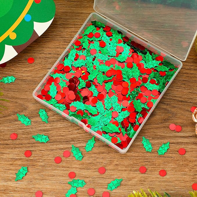 MARFOREVER Christmas Glitter Confetti, Red Green Xmas Holly Berries Confetti Christmas Metallic Foil Botanical Sequins Holly Leaves Scatter Sprinkles Table Decorations for Xmas Party Supplies