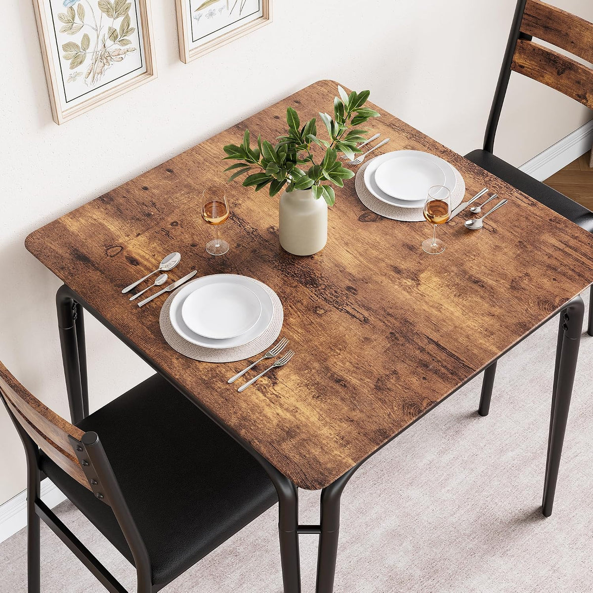 GAOMON 3-Piece Dining Table Set, Sturdy Wooden Square Table and Chair Breakfast Table Set for 2 Person,for Home or Commercial Dining Room,Vintage Brown