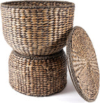 Eyely TAS1000B CAIA 18" Hourglass Handwoven Hyacinth Storage Accent Table with Lid, Brown Wash