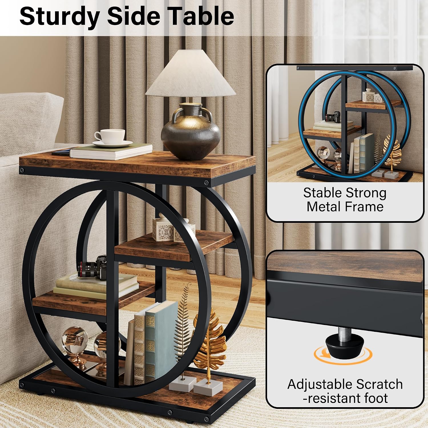 End Tables for Living Room, 4-Tier Narrow Side Table with Storage Space, Wood Slim Sofa Side Table with Geometric Metal Frame, Industrial Skinny Nightstand and Bedside Table, Rustic Brown