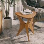 COZAYH Modern Triangle Wood End Table with Cross-Leg Rubberwood Base, Mid-Century Small Accent Side Table for Living Room, Easy Assembly, Natural, Brown
