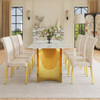 71" Dining Table Set for 6, White Faux Marble Dining Room Table Set for 6 with PU Leather Chairs and Gold Metal Legs, Easy Clean Kitchen Dining Set