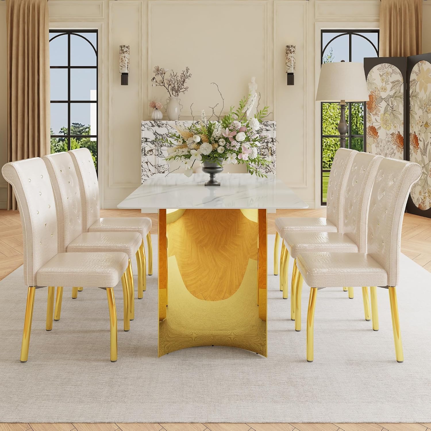71" Dining Table Set for 6, White Faux Marble Dining Room Table Set for 6 with PU Leather Chairs and Gold Metal Legs, Easy Clean Kitchen Dining Set
