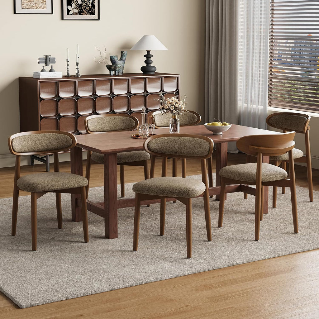 Dining Chairs Set of 6, Upholstered Dining Room Chairs with Solid Wood Legs | Mid Century Modern Dining Chairs, Fabric Kitchen Chairs with Ergonomic Curved Backrest for Dining Room, Vanity, Camel