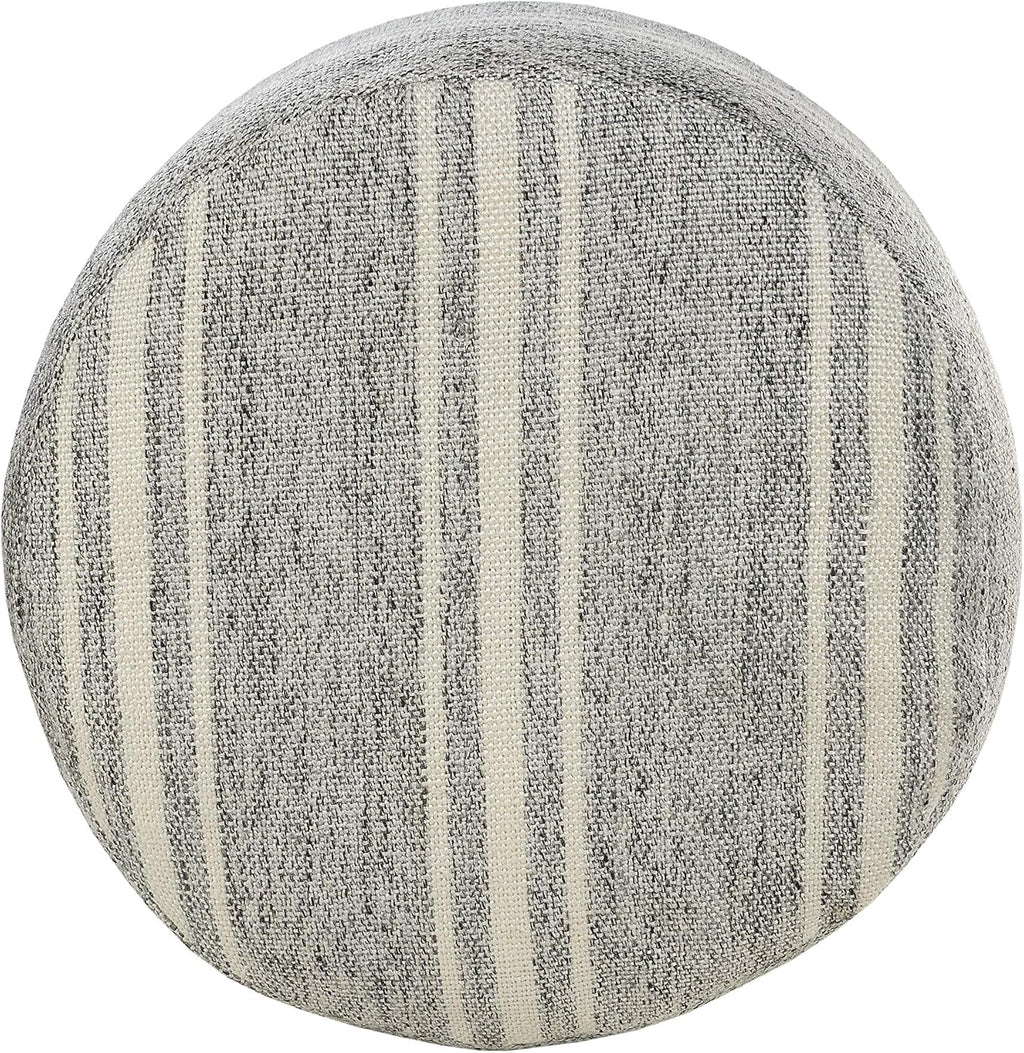 LR Home Ox Bay Farmhouse Triple Stripe Indoor Outdoor Pouf, Gray/White, 18" x 18" x 14"