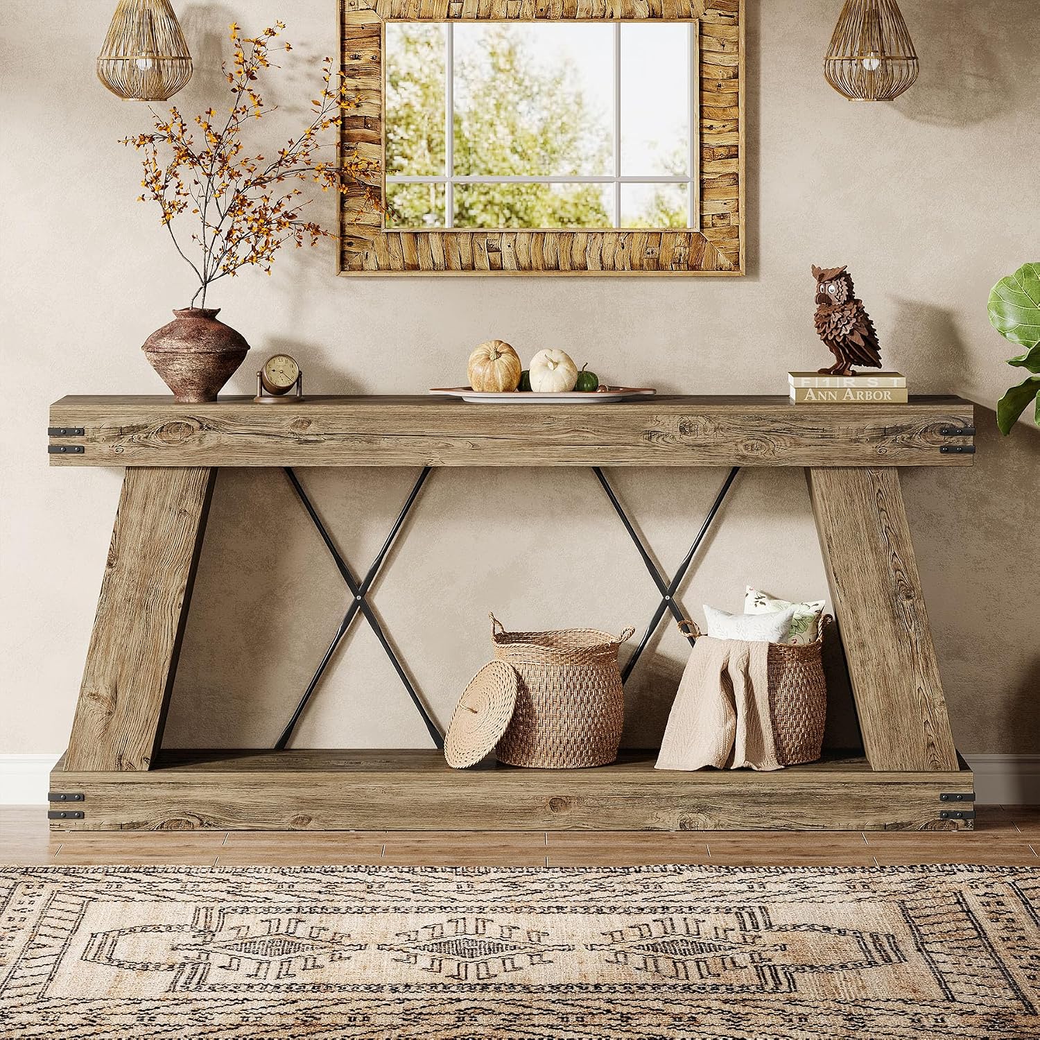 Tribesigns 70.87" Farmhouse Console Table with Storage (Light Brown Oak) | Narrow Sofa Table Behind Couch with Shelf, Rustic Entryway Table for Hallway, Living Room, Foyer, Entrance