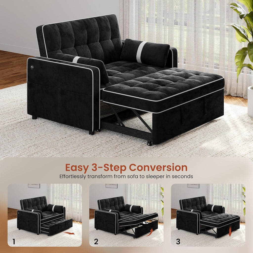 Yaheetech 3 in 1 Sofa Bed Convertible Velvet Sofa Pull Out Couch Folding Loveseat Sleeper with Adjustable Backrest, Armrest Pillows, USB Ports, Side Pockets for Living Room Bedroom Apartment, Black