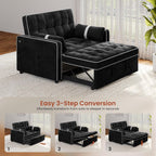 Yaheetech 3 in 1 Sofa Bed Convertible Velvet Sofa Pull Out Couch Folding Loveseat Sleeper with Adjustable Backrest, Armrest Pillows, USB Ports, Side Pockets for Living Room Bedroom Apartment, Black
