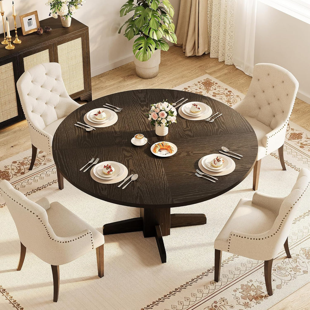 IDEALHOUSE Round Dining Table for 4-6 People, 47" Wood Kitchen Table with Sturdy Pedestal Base, Farmhouse Circle Dinner Tables for Dining Room, Living Room, Apartment, Black
