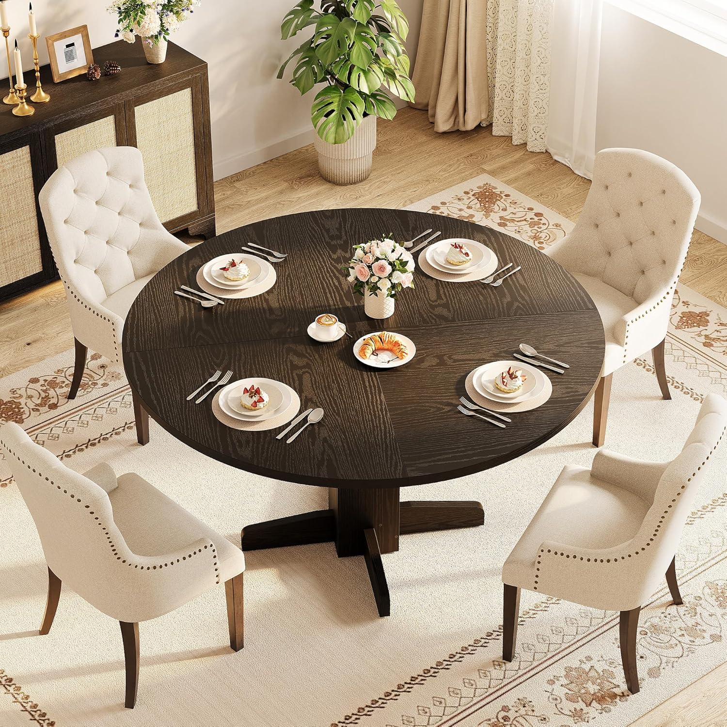 IDEALHOUSE Round Dining Table for 4-6 People, 47" Wood Kitchen Table with Sturdy Pedestal Base, Farmhouse Circle Dinner Tables for Dining Room, Living Room, Apartment, Black