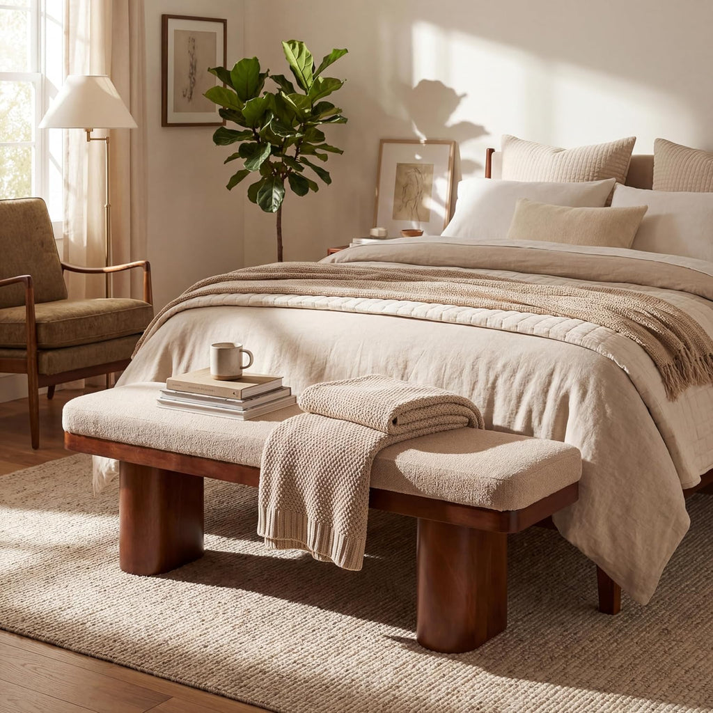 Christopher Knight Home 55" Chenille Upholstered Bench with Solid Rubber Wood Legs, Modern Farmhouse Bedroom Bench, Padded Entryway Bench Seat, Dining Bench for Living Room End of Bed, Light Brown