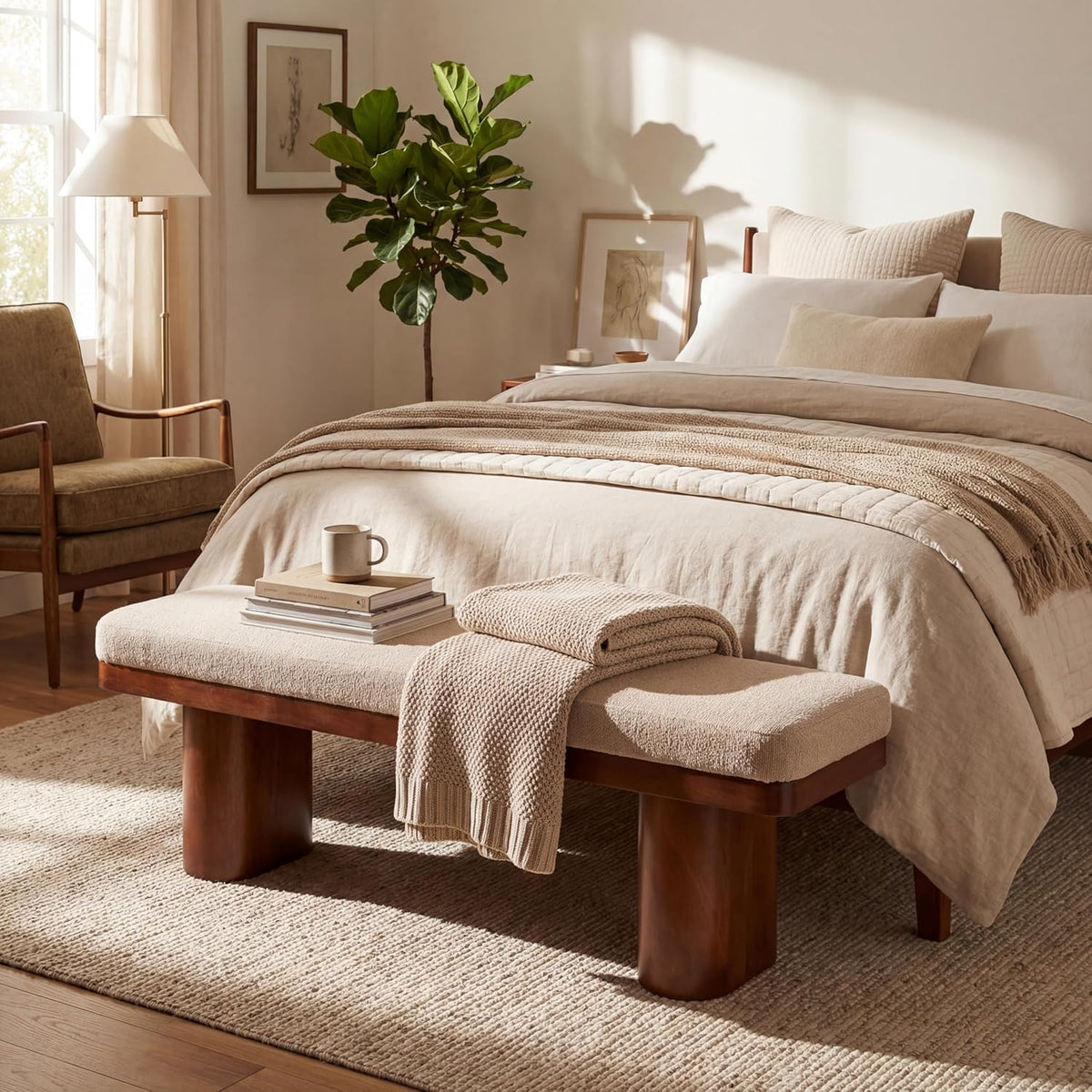Christopher Knight Home 55" Chenille Upholstered Bench with Solid Rubber Wood Legs, Modern Farmhouse Bedroom Bench, Padded Entryway Bench Seat, Dining Bench for Living Room End of Bed, Light Brown