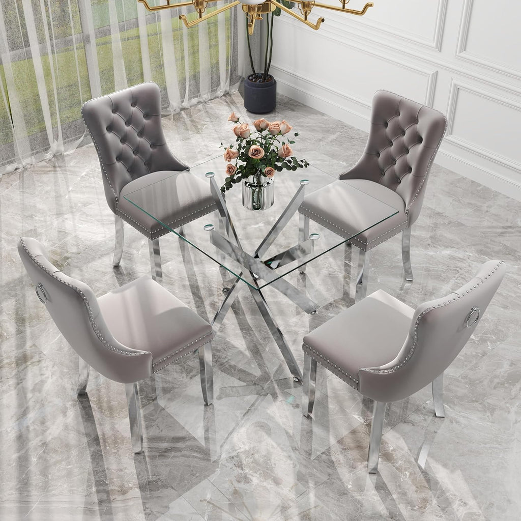 5 Piece Silver Luxury Glass Dining Set, Modern Minimalist Kitchen Table Set for 4, 36'' Clear Square Glass Top Dinner Room Set, Grey High-end Tufted Chairs, for Small Place Living Room
