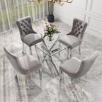 5 Piece Silver Luxury Glass Dining Set, Modern Minimalist Kitchen Table Set for 4, 36'' Clear Square Glass Top Dinner Room Set, Grey High-end Tufted Chairs, for Small Place Living Room