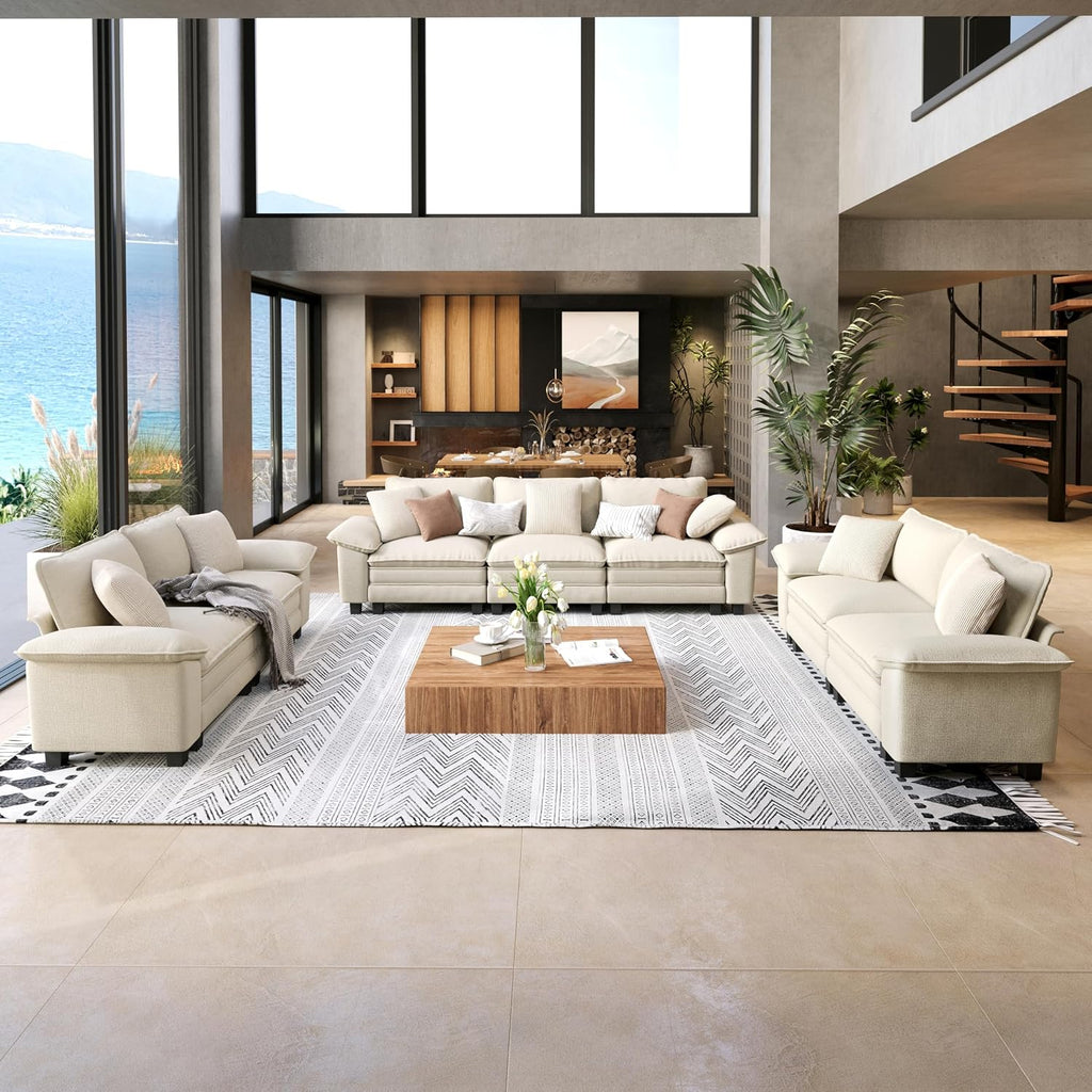 SUNSHINE VALLEY 3-Piece Modular Sectional Cloud Couch and Loveseat Sofa Set | Modern 7-Seater Sofa Set, White, Wider Armrest, Comfy Deep Seat, Soft Chenille Furniture Set for Living Room Bedroom