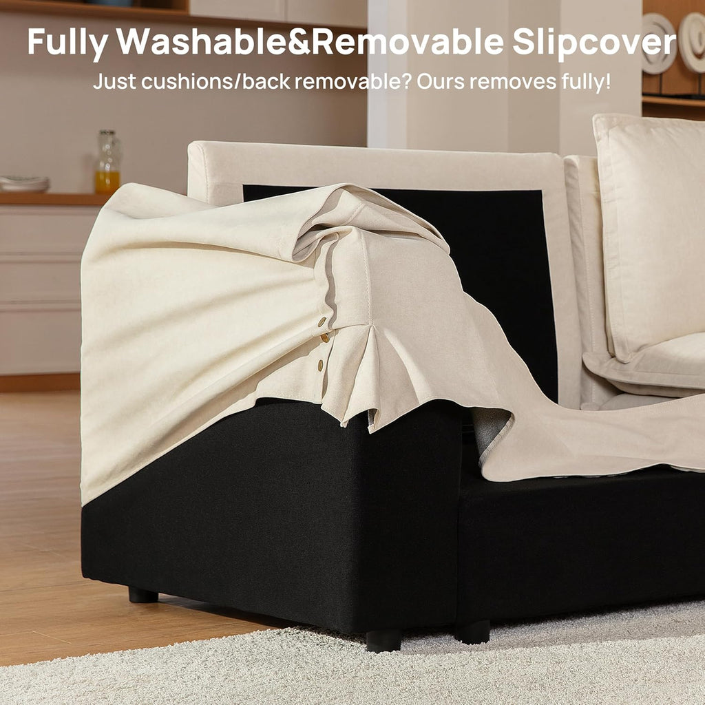 117.7" Washable Oversized Modular Sectional Sofa, Cloud Couch with Fully Removable Cover, Comfy Sectional Couches for Living Room, Performance Fabric, Beige, 6-Seater with Corner & Ottoman, V-Shaped