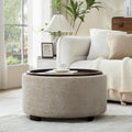 Zihanhome 30 Inch Round Storage Ottoman, Ottoman Coffee Table with Lift Off Lid, Boucle Modern Ottomans with Storage for Living Room, Bedroom, Apartments (Light Brown Striped)