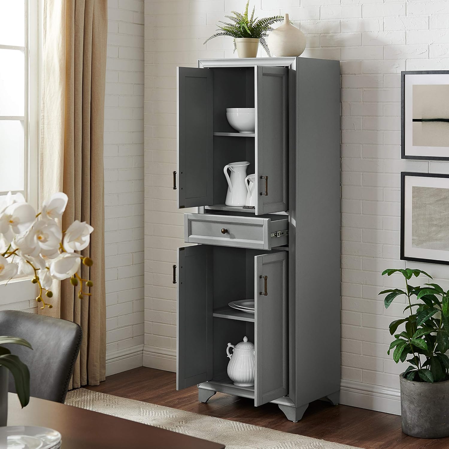 Crosley Furniture Tara Pantry Storage Cabinet with Shelves, Kitchen, Dining, or Laundry Room, Distressed Gray