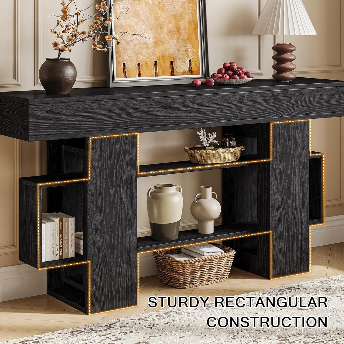 Einhomn 63 Inch Long Console Table for Entryway, Modern Wooden Sofa Table Behind Couch with 3-Tier Storage Shelf, Narrow Entry Accent Table for Living Room, Hallway, Foyer, Black