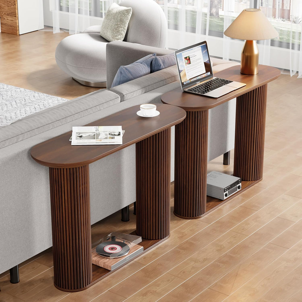 AVZEAR Fluted Entryway Console Table with Storage Shelf, Oval Curved Mid Century Couch Table Behind Sofa Console Tables Long and Skinny for Living Room Hallway Entrance Foyer, Walnut