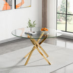 47.24" Round Dining Table for 6 8, Modern Clear Glass Kitchen Table for 6 with Gold X Metal Legs, Contemporary Circle Dining Room Leisure Tables for Kitchen Apartment