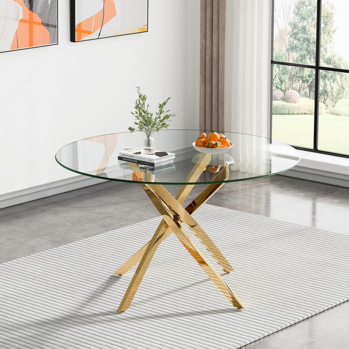 47.24" Round Dining Table for 6 8, Modern Clear Glass Kitchen Table for 6 with Gold X Metal Legs, Contemporary Circle Dining Room Leisure Tables for Kitchen Apartment